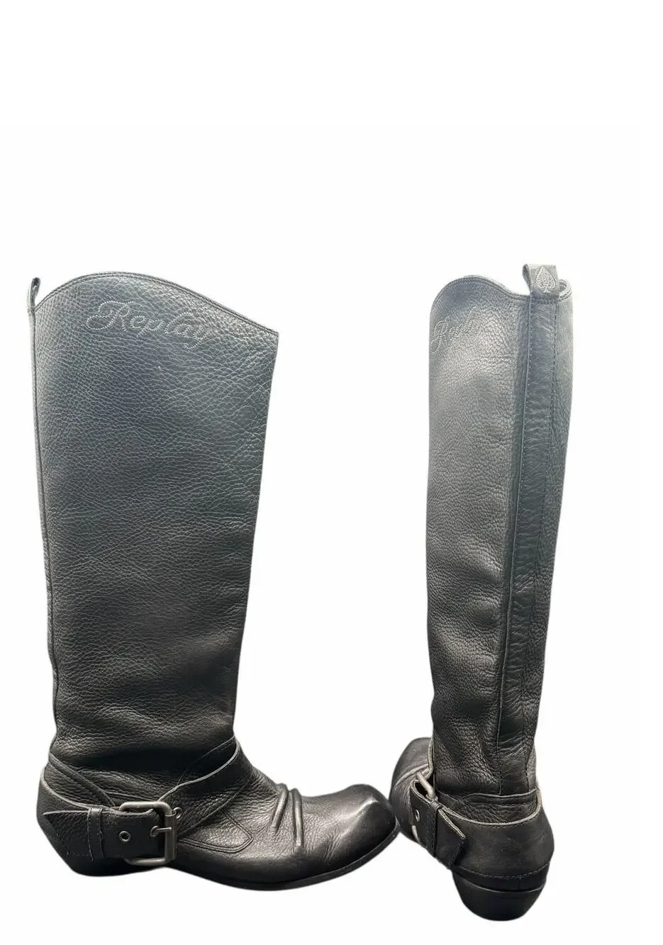 Replay Black Leather Tall Moto Boots Women’s 9.5 Buckle Riding